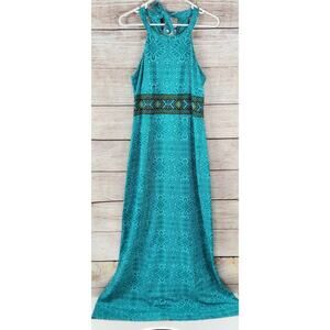NWT Prana Women's Skye Teal Halter Dress Printed Maxi Shelf Bra Boho Large